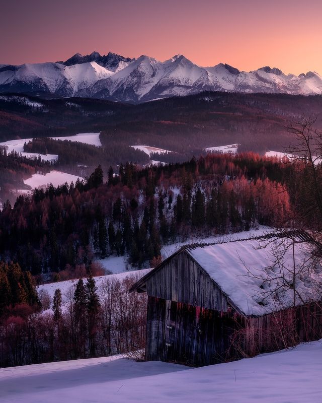 mountains, tatras, tatry, sunset, blue hour, contrasts, snow, winter Mountain hutphoto preview