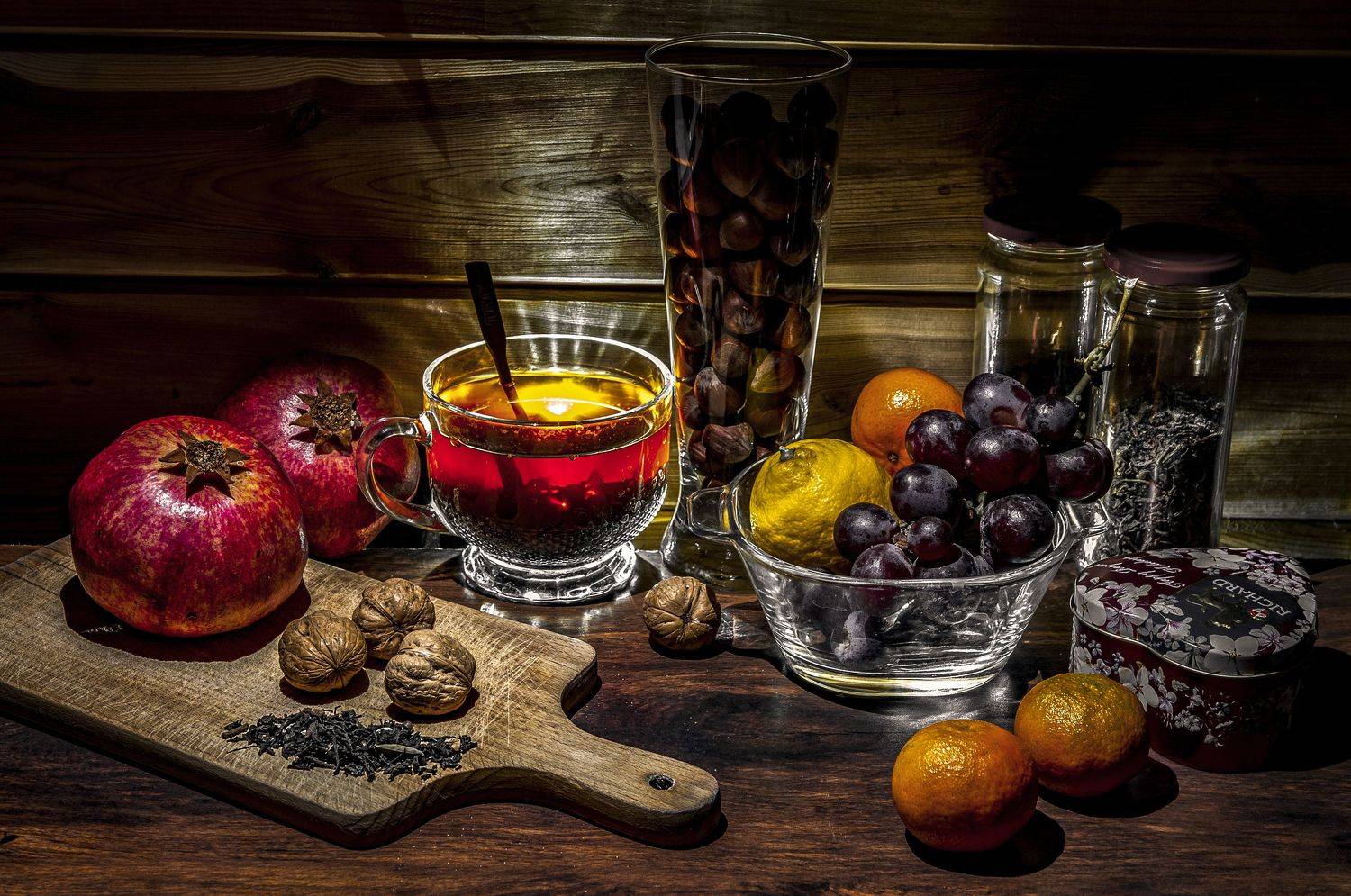 still life, натюрморт, гранат, орехи, грецкий орех, лещина, лимон, виноград, чай, черный чай, мандарин, лесной орех, студия, Кондратюк Андрей