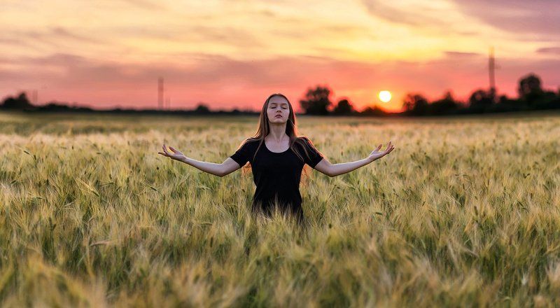 Девушка, Закат, Колоски, Медитация, Поле photo preview