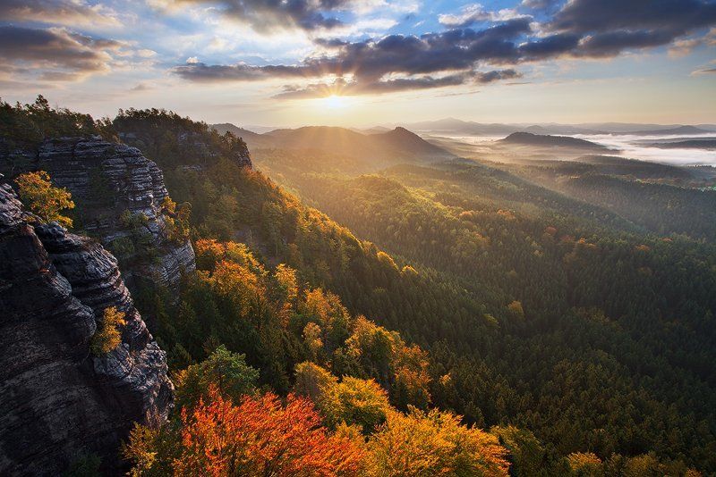 Bohemian switzerland, Clouds, Colors, Czech republic, Fog, Light, Mist, Morning, Mountains, Rocks, Sun, Sunrise Colorful Morningphoto preview