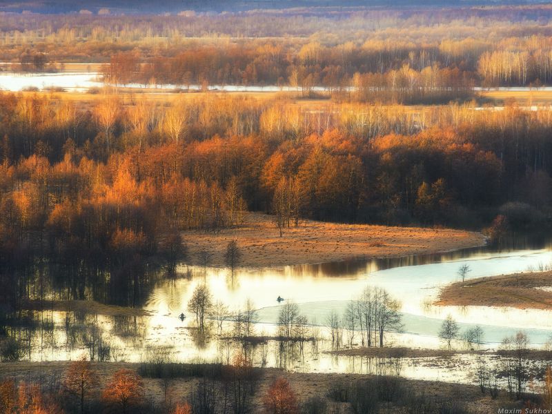 разлив, весна, река, лед, зелень, деревья, лодки, рыбак, рыбаки, половодье, клязьма, вязники, Два рыбака на заливном лугуphoto preview