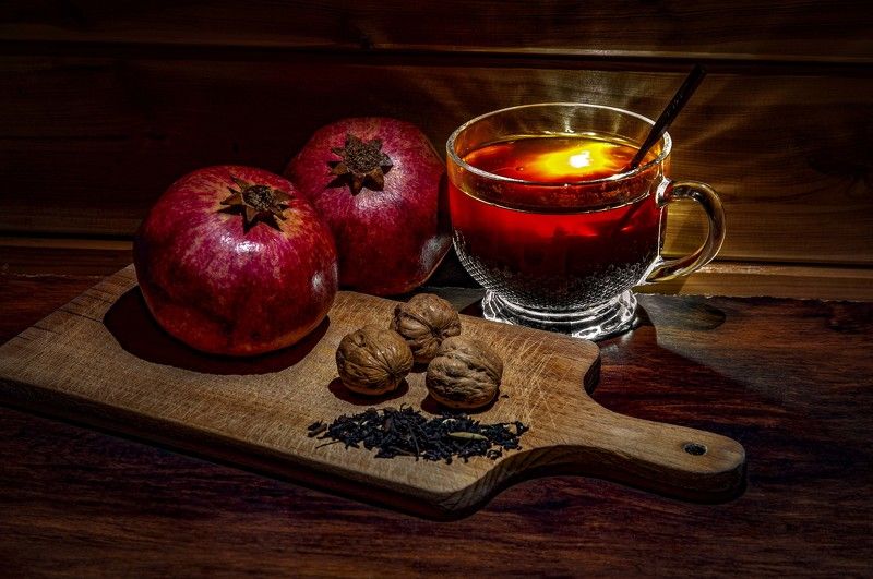still life, натюрморт, гранат, орехи, чай, черный чай, грецкий орех, студия Натюрморт #2219photo preview