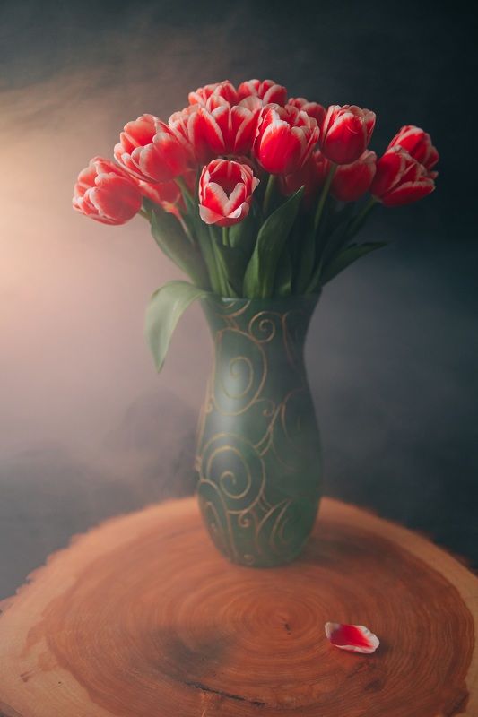 стол, цветы, тюльпаны, весна, туман, дым, красный, зеленый Сладкий сон весныphoto preview