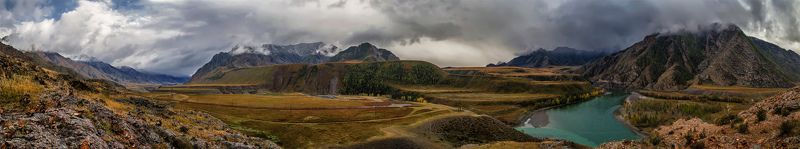 Алтай, Горный алтай, Горы, Катунь, Небо, Осень, Панорама, Пейзаж, Природа, Путешествие, Сибирь, Туризм Панорама Чуй-Оозыphoto preview