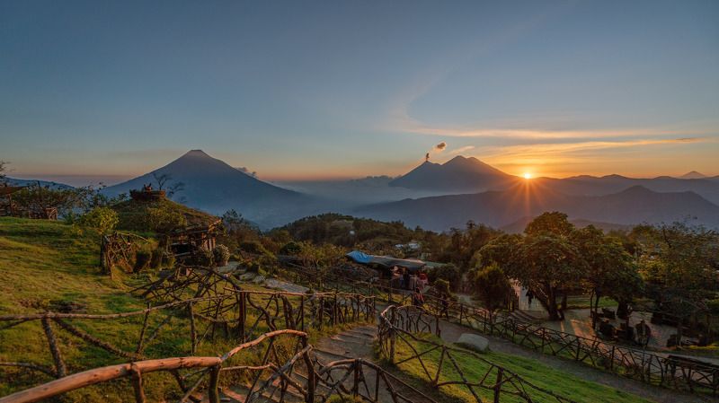 landscape, nature, sky, volcanoes, sun, sunset, guatemala, mountain, travel SUNSET AT VOLCANOESphoto preview