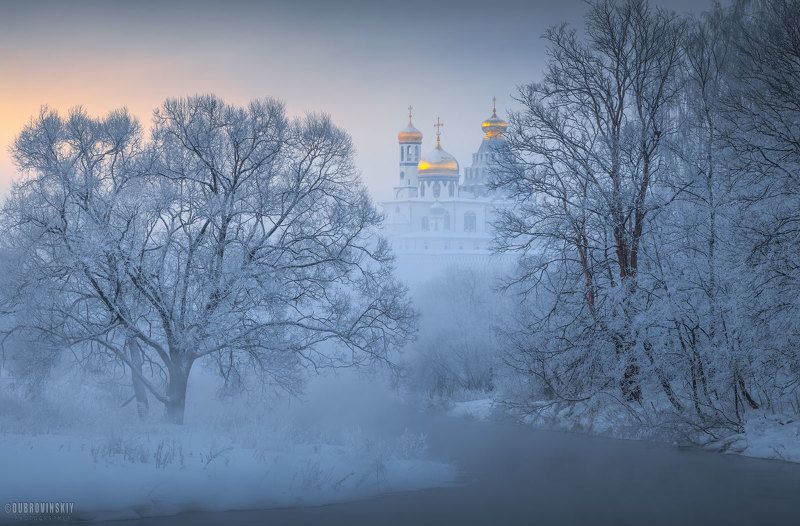 истра, река, туман, иней, рассвет, деревья, храм Истринская классикаphoto preview