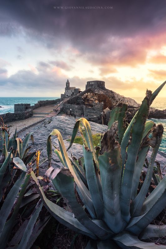 italy, liguria, portovenere, unesco, church, landscape, sunset, cloud, light, rock, coastline, mediterranean  Mediterranean Sunset - Portovenerephoto preview