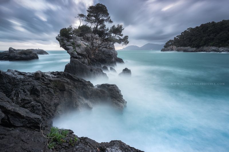 italy, liguria, fiascherino, gulf of poets, la spezia, mediterranean, long exposure, sea, rock, sky, cloud, light, coast, landscape, amazing, scenic, travel, destination, coastline, natural, outdoor Sea Breathphoto preview