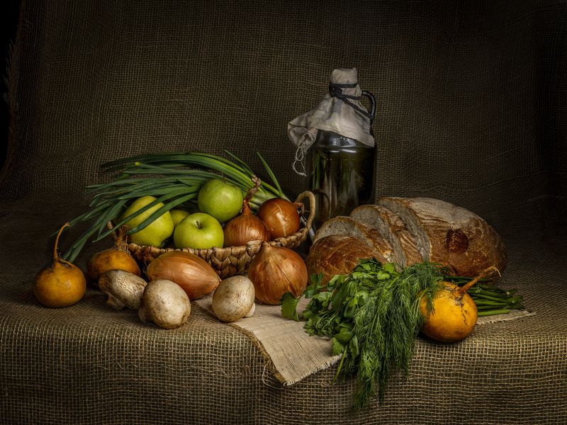 репа, лук, зелень, хлеб, деревня Натюрморт в деревенском стилеphoto preview
