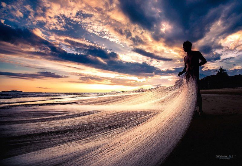 Вечер, Закат, Красота, Море, Пляж, Рыбак, Санья, Сети, Солнце, Хайнань закат на о. Хайнаньphoto preview