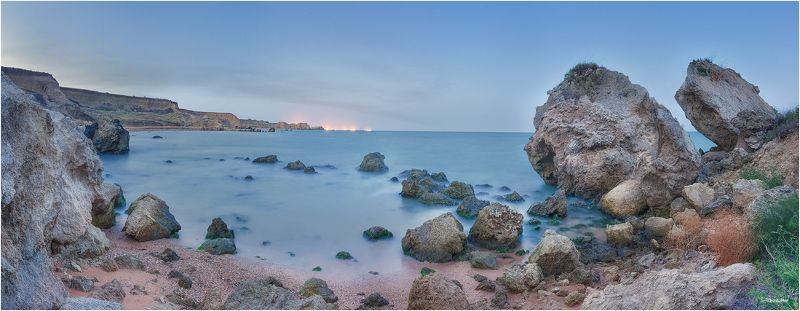 Берег, Закат, Камни, Крым, Панорама, Черное море photo preview