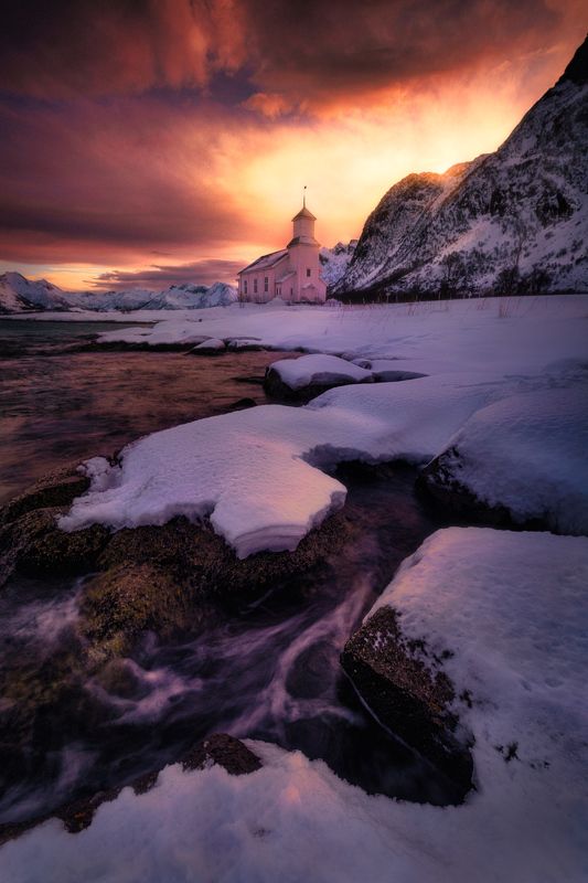 Arctics, Norway, church, winter, violet, sky, drama, sunset Shining photo preview