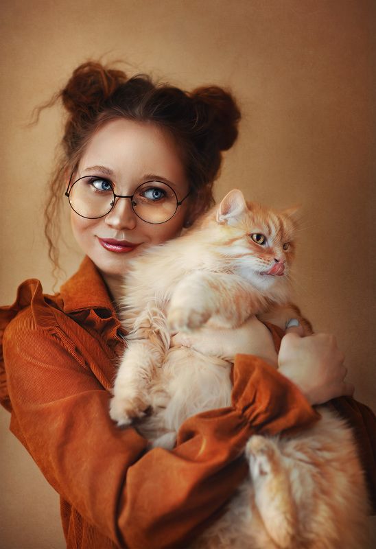 cat, girl, ginger, portrait, art Girl with catphoto preview