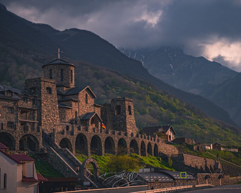 alans, ossetian, ossetia, mountains, dawn, architecture, monastery, temple, churh Alan Monastery.photo preview