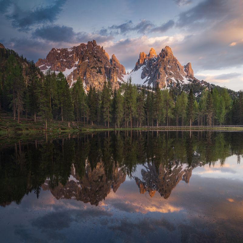 Landscape mountain lake mirror sunset colors dolomites Italy Four Friendsphoto preview