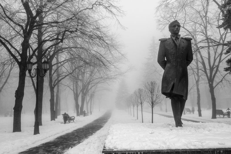 туман, город, улица, стрит,ч/б, черно-белое Зимний скверphoto preview