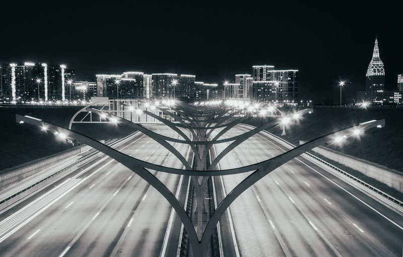 дорога, город, чб, длиннаявыдержка Ночной городphoto preview