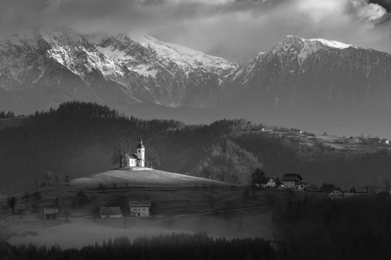 church, cathedral, temple, mountains, black and white, landscape, slovenia St Thomas Church, Sloveniaphoto preview