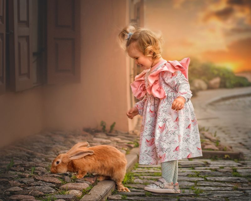кролик старый город дети ребенок закат photo preview