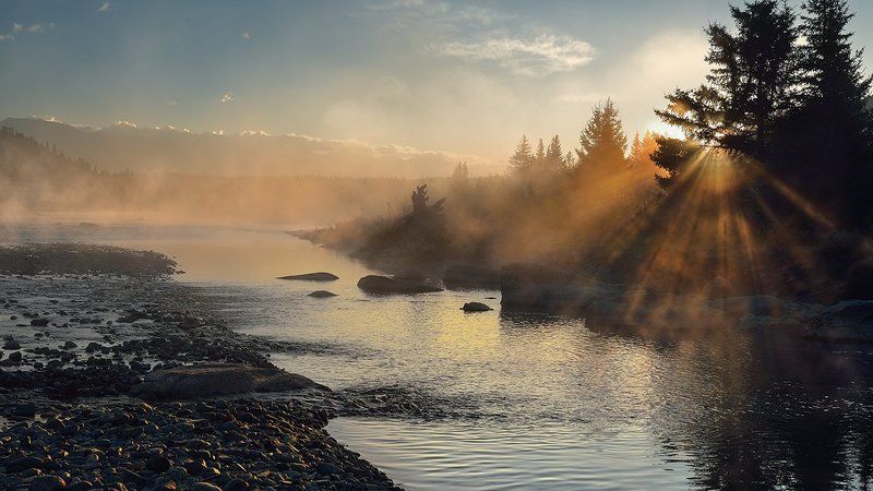 Алтай, Берег, Вода, Горы, Камни, Коксу, Лучи, Пейзаж, Природа, Раннее, Рассвет, Река, Сибирь, Солнце, Течение, Туман, Утро Рассвет на Коксуphoto preview
