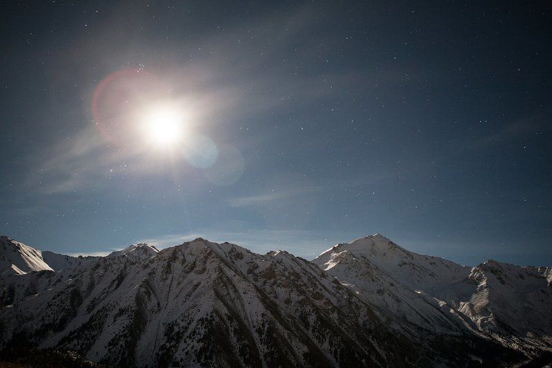 Autumn, Fall, Glacier, Lake, Moon, Mountain, Night, Sky, Snow, Stars, Water Night big Almaty lake.photo preview