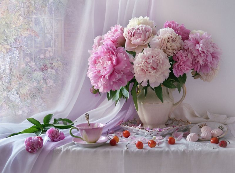 still life, натюрморт, цветы, фото натюрморт, пионы, настроение, лето, июль, черешня И бело-розовая нежность...photo preview