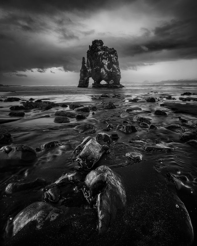 Landscape seascape black and white iceland Hvitserkur dark mood  The Siren\'s Graveyardphoto preview