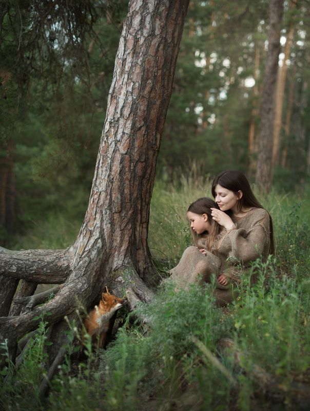 лес, лиса, девушка, девочка, настроение, лето, сказка, животное Встреча в сосновом бору фото превью