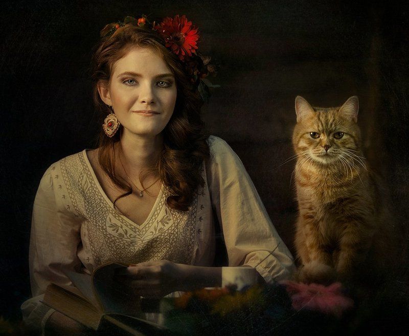 Девушка, Книга, Кот, Рыжий, Цветы ***photo preview