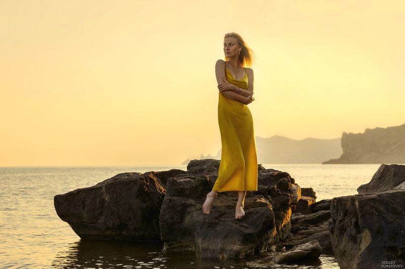 пляж, берег, девушка, силуэт, контровой свет, море ***photo preview