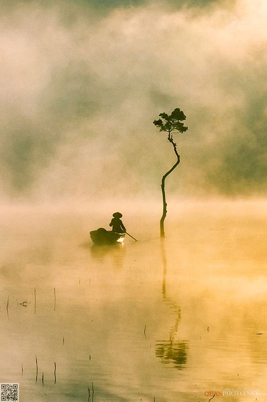 quanphoto, landscape, morning, dawn, sunrise, lake, reflections, boat, misty, trees, fishing, vietnam Reflections at Dawnphoto preview