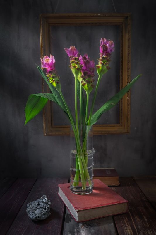 Натюрморт с цветами, цветы, куркума, книги, картина Портрет \