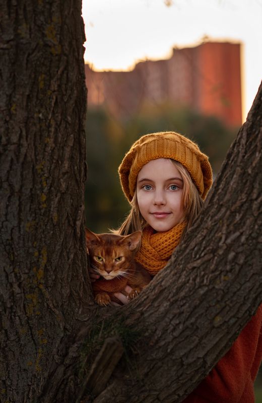 девочка, кот, осень photo preview