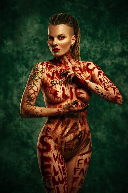 бодиарт, зеленый, красный, грим из серии love, lie and truthphoto preview