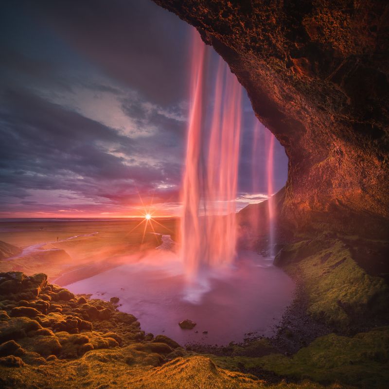 iceland, seljalandsfoss, sunset, waterfall Fiery rainphoto preview
