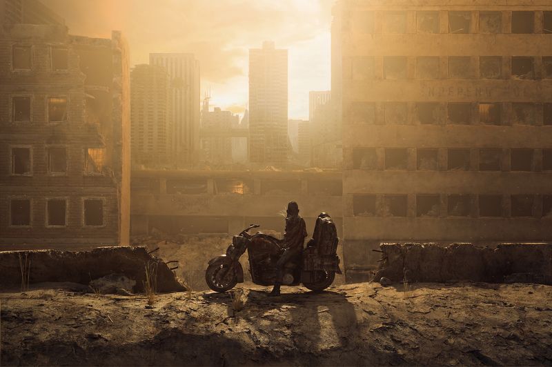 постановочная, фотография, апокалипсис, мотоцикл, девушка, парышков, закат, bike, girl, sunset, диорама  Ghost town riderphoto preview