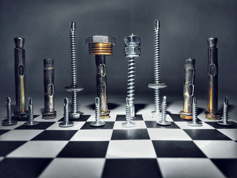 шахматы, болт, гайка, шуруп, черно-белое Шахматыphoto preview