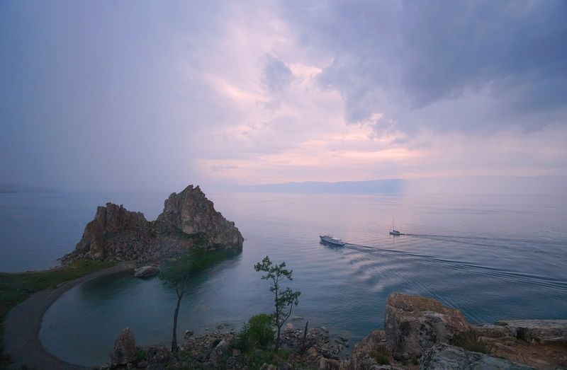 island, lake, sea, evening, sunset, sky, morning, rock, nature, landscape, horizon, summer, shore, relief Eveningphoto preview