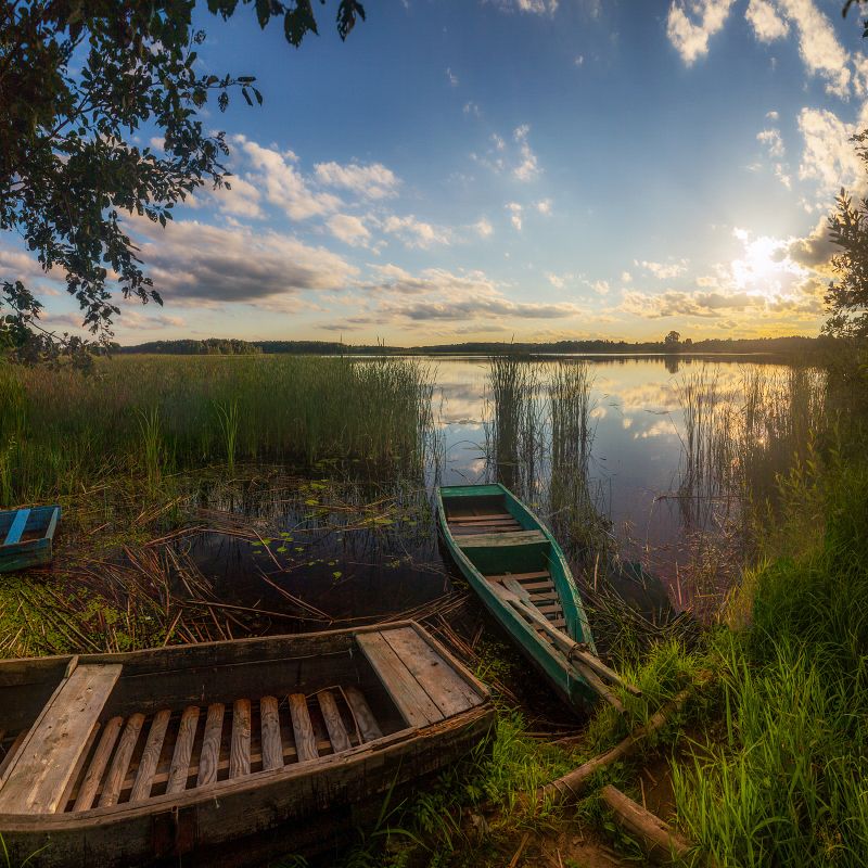 вечер, теплый, лодка, небо, тучи, облака, трава, водоем, пруд, лето, август, камыши Теплый вечерphoto preview