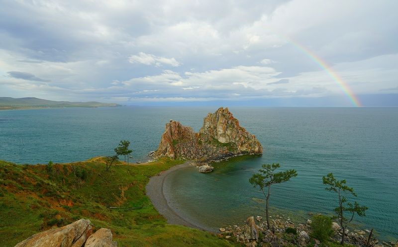 island, lake, sea, sunrise, dawn, sky, morning, rock, nature, landscape, horizon, summer, shore, relief, rainbow, rain Rainbow for Shamanphoto preview