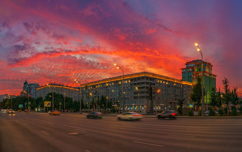 город вечер закат фонари небо сумерки photo preview