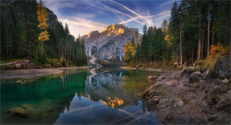 Italy, Lago di Braies, Горы, Ди брайес, Доломитовые альпы, Италия, Озеро, Отражение, Сосны \