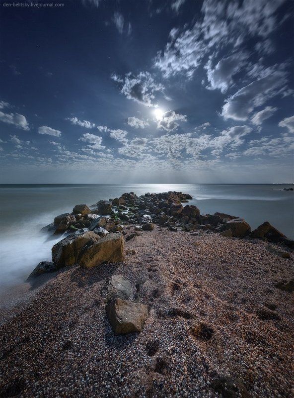 Луна, Море, Ночное небо, Облака, Пейзаж, Полнолуние, Украина Полная луна в Новопетровкеphoto preview