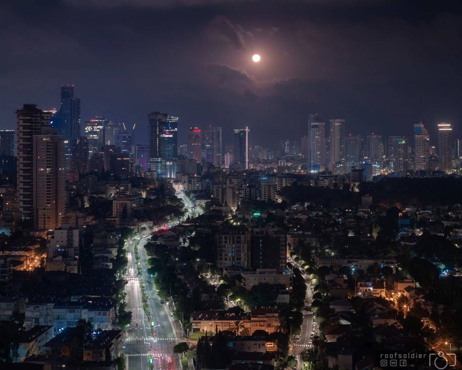 Tel aviv, Israel, city, urban, architecture, cityscape, street, above, skyscraper, modern, moon, fullmoon, night, sky, Голубев Алексей