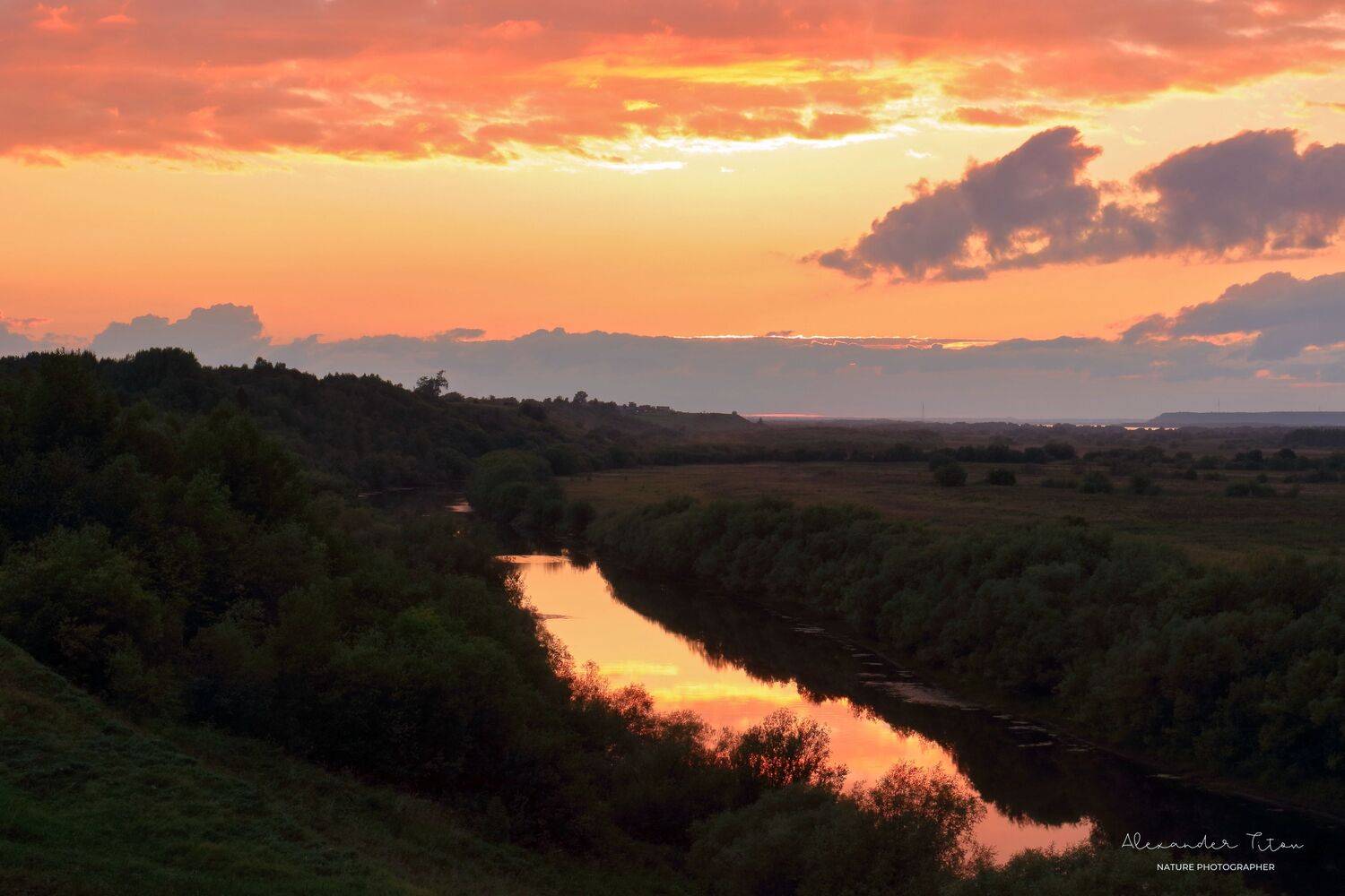 вечер, природа, закат, холм, река, лето, небо, отражение, Титов Александр