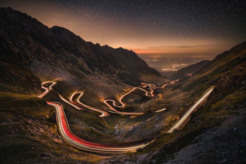 transfăgărășan, romania, carpathian mountains, long exposure, light, car trails Path of lightphoto preview