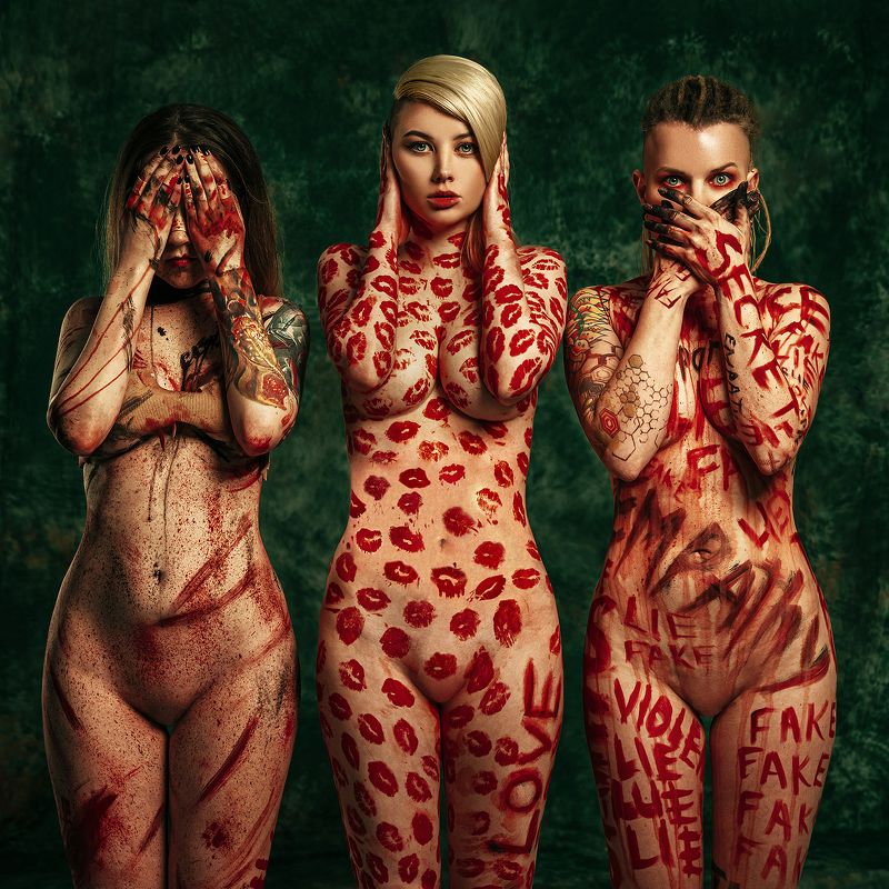 бодиарт, зеленый, красный, грим love, lie and truthphoto preview