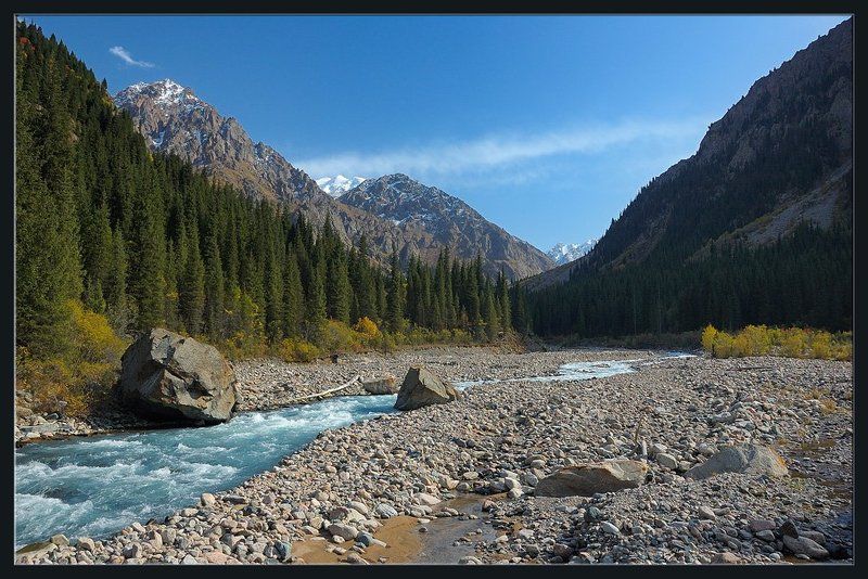 горы,природа,ущелье,река,вершины,скалы,цветы,облако,ущелье,лес,кусты,бревно Вечер на горной рекеphoto preview