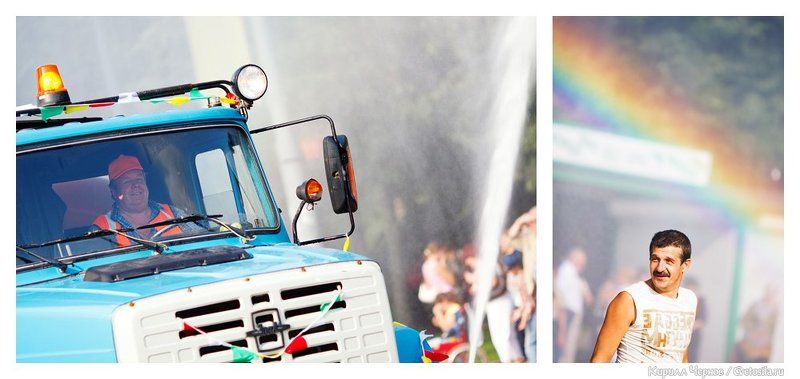 водовоз, радуга, день города, день москвы, зеленоград, вода, поливалка, фонтан, брызги Водовоз и радуга фото превью