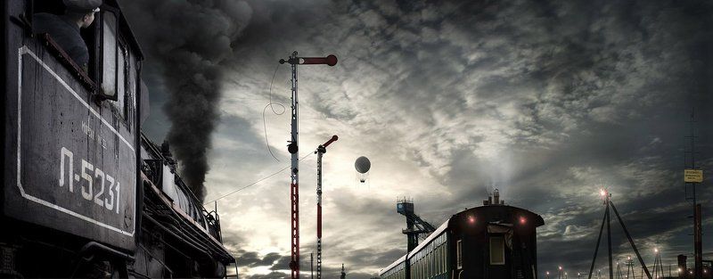 паровоз, вагон, семафор, столб Банальностьphoto preview